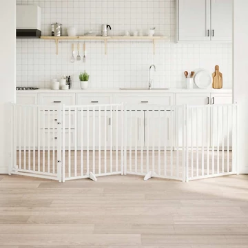 Fehér tömör fa 4 paneles összecsukható kutyakapu ajtóval 320 cm