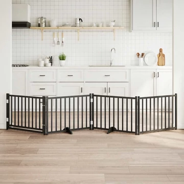 Fekete tömör fa 4 paneles összecsukható kutyakapu ajtóval 320cm