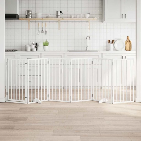 Fehér, nyárfa kutyakapu összecsukható ajtóval, 6 panellel, 300 cm