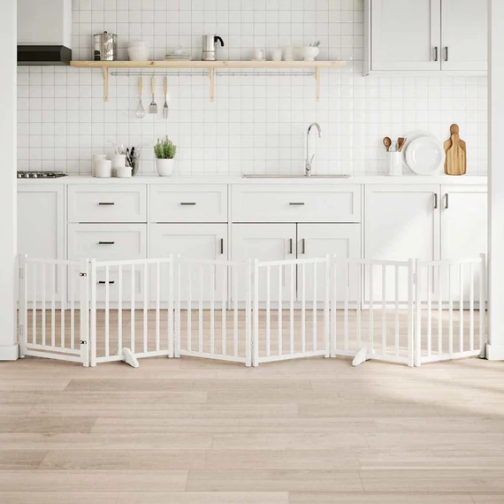 Fehér tömör fa 6 paneles összecsukható kutyakapu ajtóval 300 cm