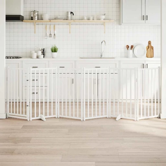 Fehér tömör fa 6 paneles összecsukható kutyakapu ajtóval 300 cm