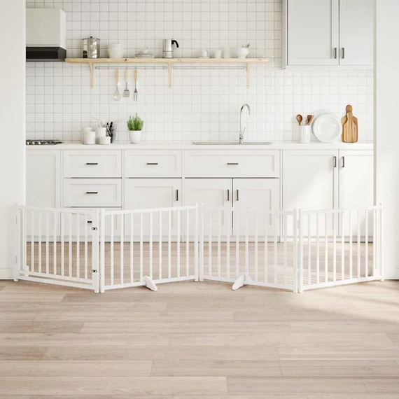 Fehér tömör fa 4 paneles összecsukható kutyakapu ajtóval 320 cm