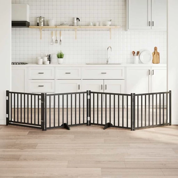 Fekete tömör fa 4 paneles összecsukható kutyakapu ajtóval 320cm