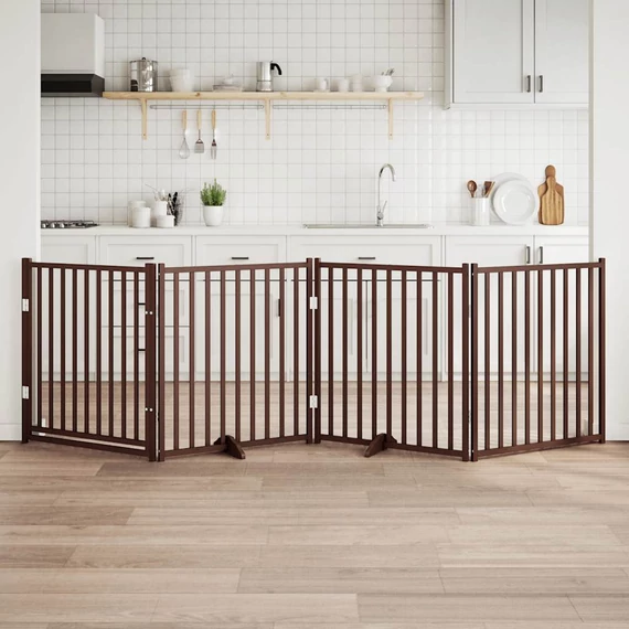 Barna tömör fa 4 paneles összecsukható kutyakapu ajtóval 320 cm