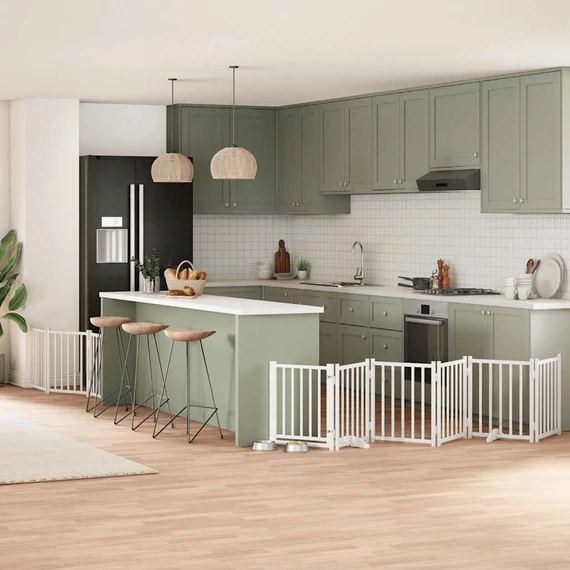 Fehér nyárfa 9 paneles összecsukható kutyakapu ajtóval 450 cm