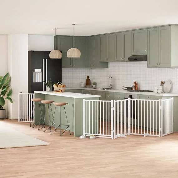 Fehér nyárfa 6 paneles összecsukható kutyakapu ajtóval 480 cm